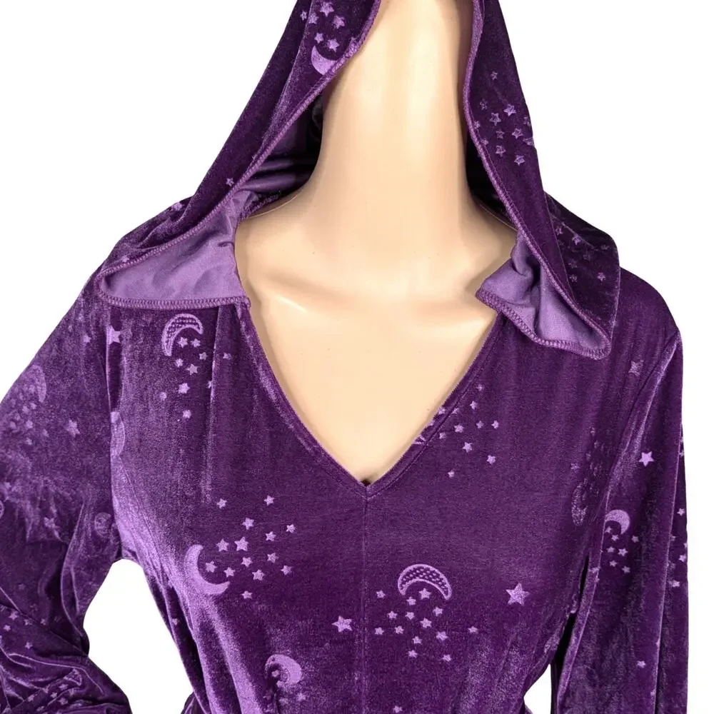 Spirit Purple Crushed Velvet Celestial Hooded Dress Cloak Moon Star Bell Sleeve - Picture 5 of 10